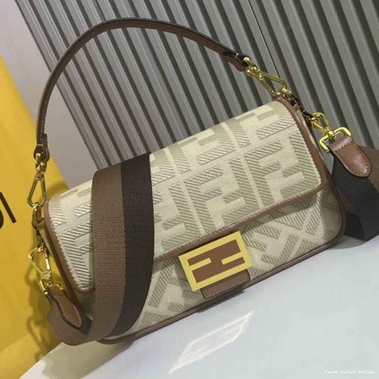 Affordable Beige Baguette Canvas Bag Fendi FF Motif In Medium 0821